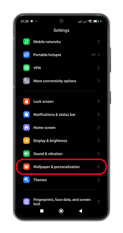 Xiaomi settings menu with 'Wallpaper & personalisation' option highlighted.