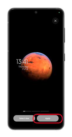 Xiaomi Super-Hintergrundbild mit dem Mars, Uhrzeit und Datum angezeigt, Tasten zur Auswahl der Ansicht und Anwenden.