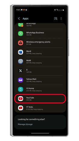 App menu showing YouTube with 230 MB storage on a smartphone.