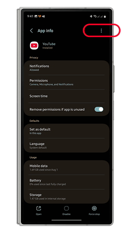 App info screen showing YouTube installed with permissions, usage, and settings details.