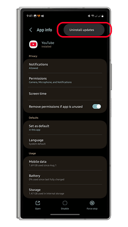 Screenshot of YouTube app settings with uninstall updates option highlighted.
