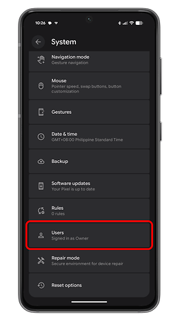 Android system settings screen displaying user options and navigation mode.