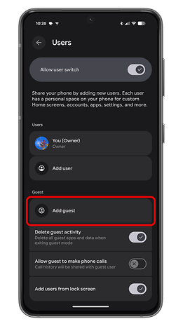 Settings menu on an Android device showing user options including 'Add guest'.