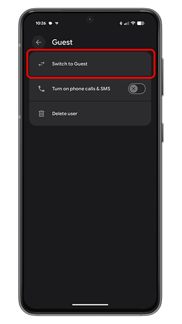 Menu screen on an Android device showing user options: Switch to Guest, Turn on phone calls & SMS, Delete user.