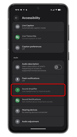 Android accessibility settings with options like Sound Amplifier and Live Caption.