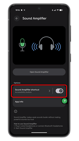 Sound Amplifier app interface showing accessibility options and shortcut settings.