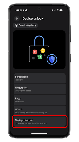 Android device security settings screen showing 'Theft protection' and options for screen lock and fingerprint.