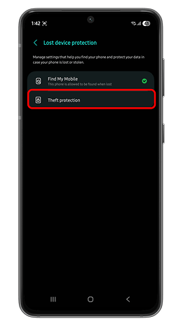 Android phone screen showing Lost device protection settings with options for Find My Mobile and Theft protection.