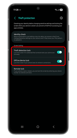 Android settings screen showing theft protection options: theft detection lock and offline device lock.