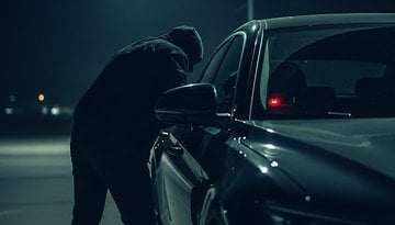 Uma figura com capuz se inclina sobre a janela de um carro à noite, sugerindo um possível roubo.