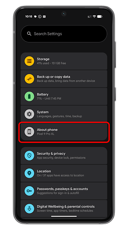 Settings menu of an Android device displaying options like Storage, Battery, and About phone.