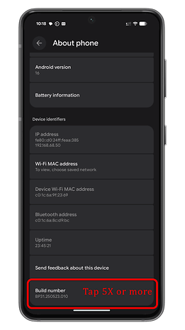 Android version screen showing version 16, battery info, and device identifiers including build number.