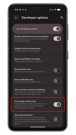 Android Developer options screen showing 'Force peak refresh rate' setting enabled.