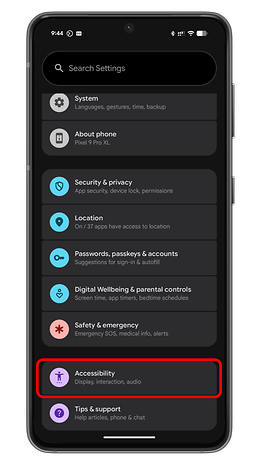 Settings menu on an Android phone showing options like Accessibility, Security & privacy, and Location.