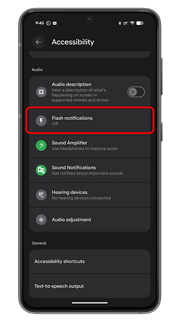 Accessibility settings on an Android device with 'Flash notifications' option displayed as 'Off'.