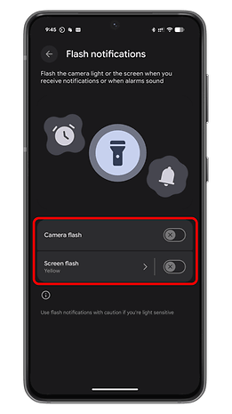Settings screen for flash notifications on an Android device, with options for camera and screen flash.