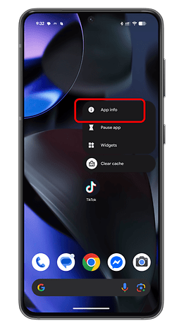 Android smartphone screen showing app options with 'App info' highlighted.