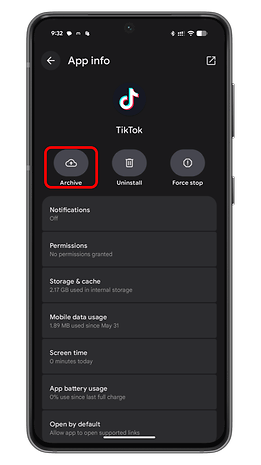 A smartphone screen displaying the TikTok app info with options: Archive, Uninstall, and Force stop.