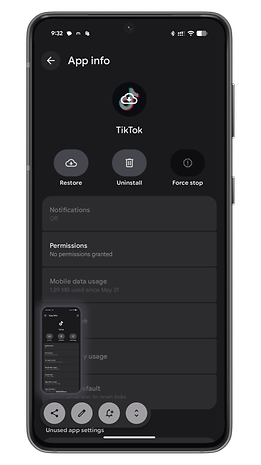 Android app info screen for TikTok with options to uninstall, force stop, and view permissions.