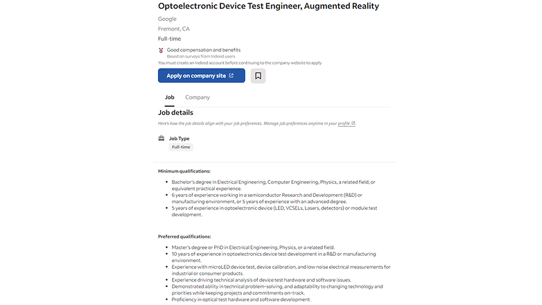 Google's Job Posting related to augmented reality wearable with micro LED displays