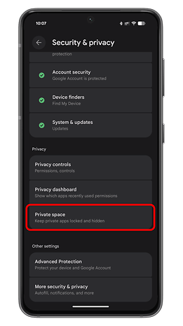 Settings screen on an Android device showing 'Security & privacy' options.