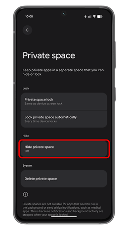 Settings screen showing 'Private space' options on an Android device.