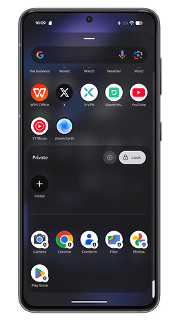 Smartphone screen displaying various app icons and a Google search bar.