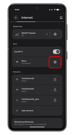Android phone screen displaying Internet settings with Wi-Fi options and connected network.