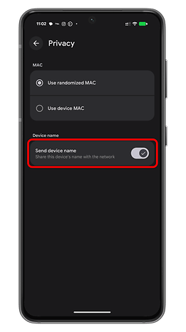 Android privacy settings showing MAC options and device name sharing toggle.