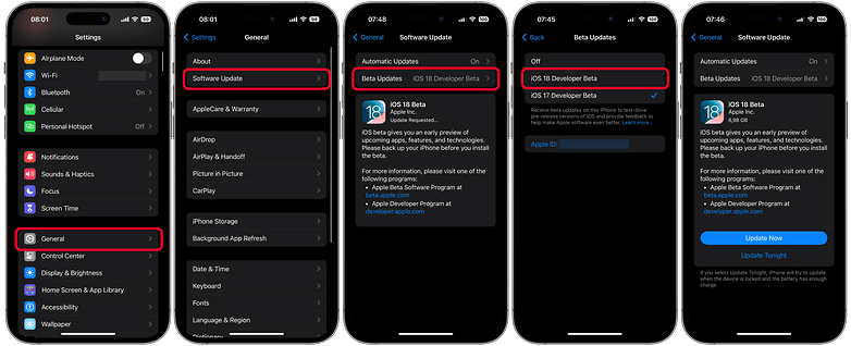Captures d'écran montrant comment installer la bêta d'iOS 18 sur votre iPhone.