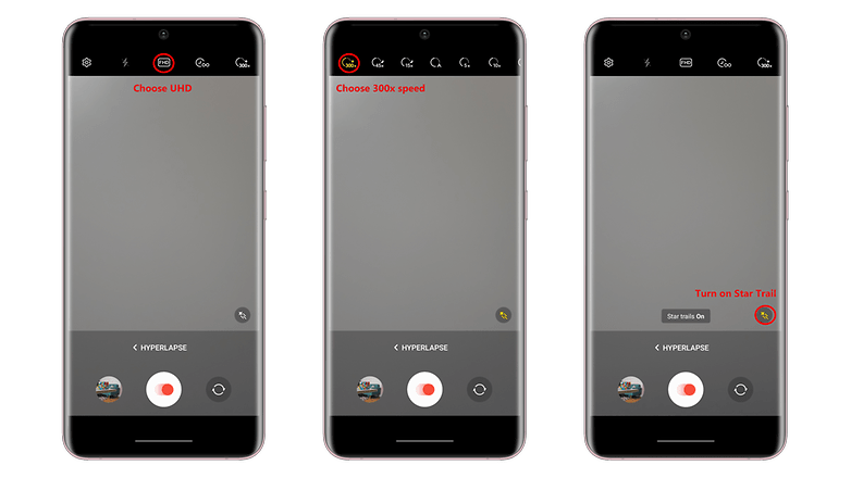 Screenshots showing how to shoot hyperlapse video of star trail on Samsung Galaxy S23 Plus
