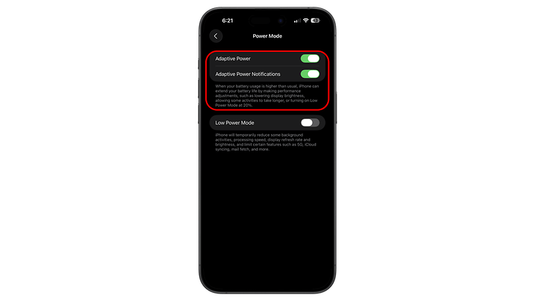 iPhone screen showing Power Mode settings with Adaptive Power and Adaptive Power Notifications options.