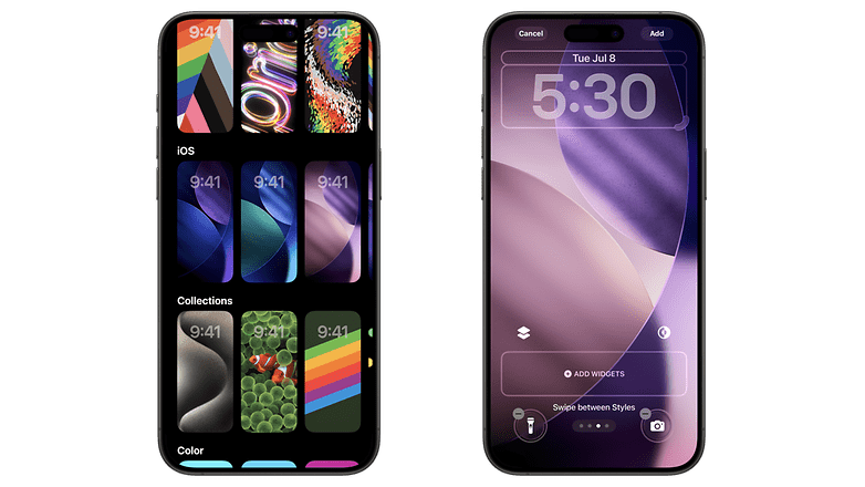 iOS 26 Beta 3 interface showing wallpaper options and a home screen with time and widgets. iOS 26 Beta 3 interface showing wallpaper options and a home screen with time and widgets.