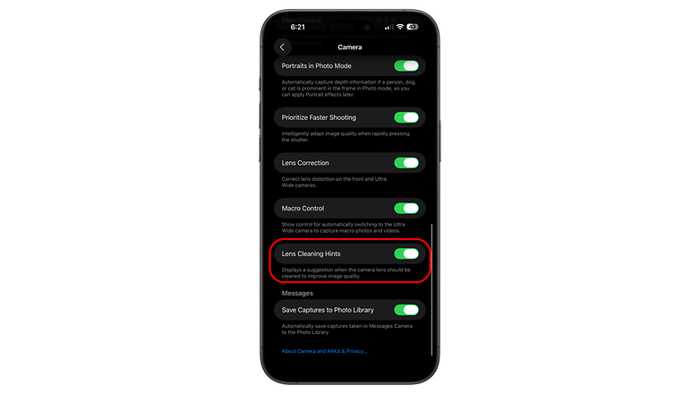 Settings menu for iOS camera features, highlighting 'Lens Cleaning Hints'.
