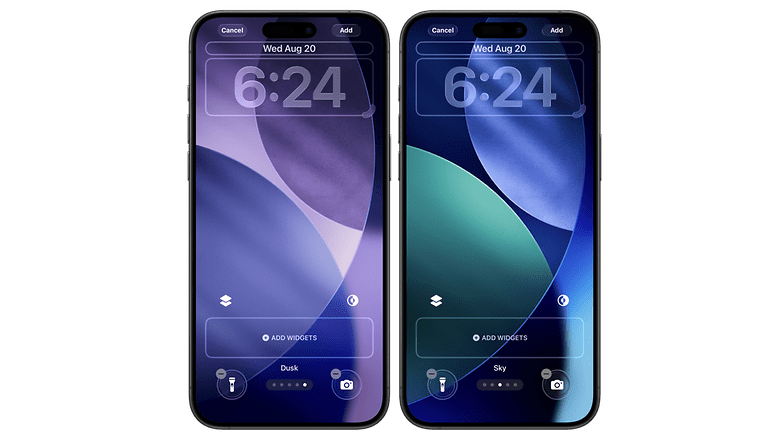 Two iPhones displaying the time 6:24 and date Wed Aug 20, with widgets labeled 'Dusk' and 'Sky'.
