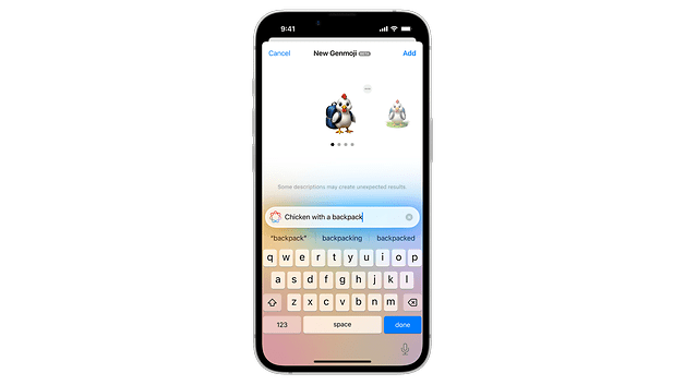 Tela do iPhone mostrando a criação de emojis com sugestões para 'Frango com mochila'.