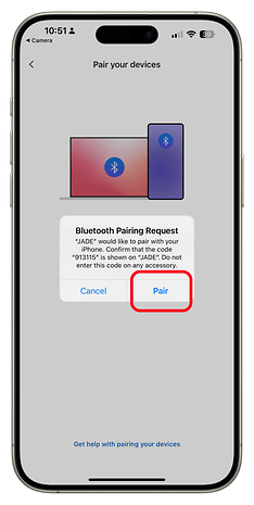 Solicitação de emparelhamento Bluetooth em um iPhone para um PC Windows chamado 'JADE'.