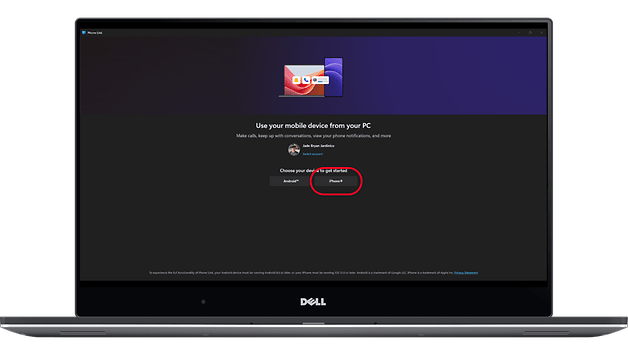 Um laptop Dell exibindo o aplicativo 'Phone Link', com opções para conectar dispositivos Android ou iPhone.