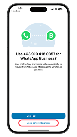 WhatsApp Business setup screen with a phone number prompt and options to continue or change number.