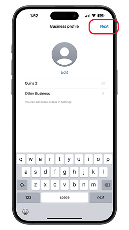 WhatsApp Business profile screen with fields for editing business details and a keyboard.