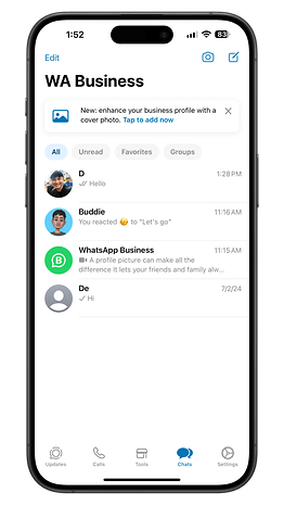 WhatsApp Business interface showing chat list and profile photo enhancement prompt.