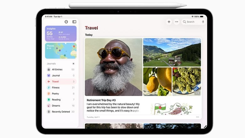 A digital journal interface on an iPad, featuring travel entries and images of nature, food, and a person. A digital journal interface on an iPad, featuring travel entries and images of nature, food, and a person.