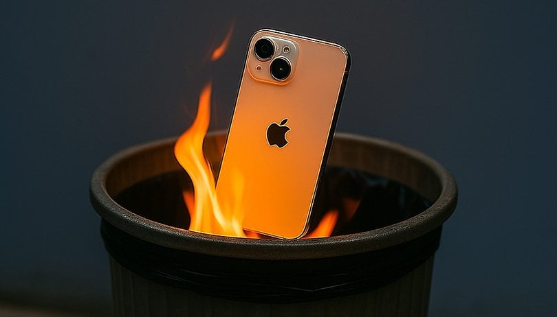 iphone on a trash bin with fire