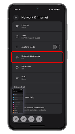 Settings menu on Android phone showing Network & internet options.