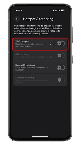 Android settings screen for hotspot and tethering options.