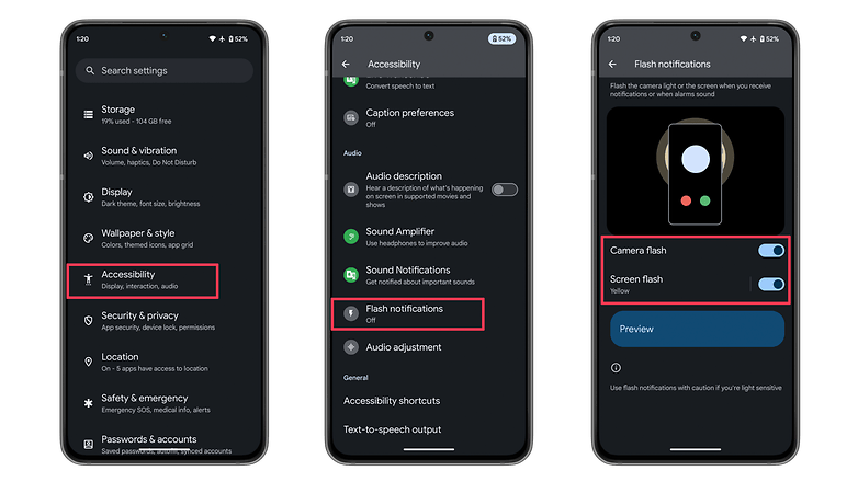 Pour activer les notifications flash de l'appareil photo ou de l'écran sur les appareils éligibles fonctionnant sous Android 14 OS, allez dans Paramètres &gt; Accessibilité &gt; Notifications flash. / © nextpit