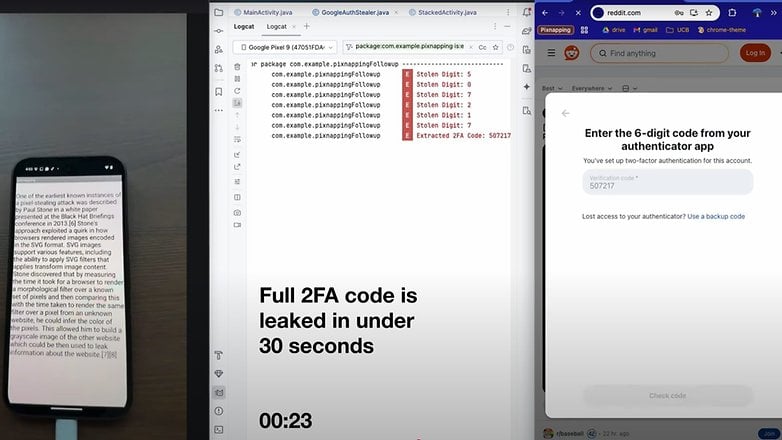 A phone displaying text about a pixel-stealing attack, alongside code and a 2FA prompt. A phone displaying text about a pixel-stealing attack, alongside code and a 2FA prompt.
