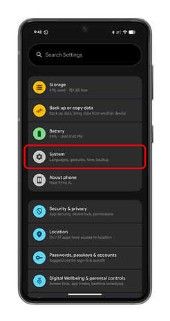 Android settings menu showing options like Storage, Backup, Battery, and System.