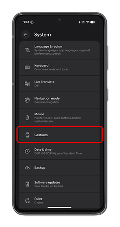 Android settings screen showing system options, including 'Gestures' highlighted.