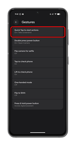 Android settings screen showing gesture options with 'Quick Tap to start actions' highlighted.